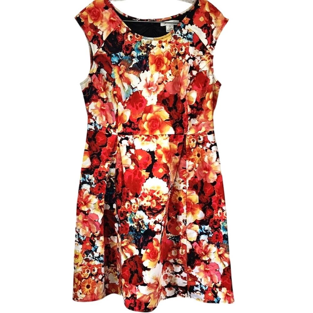 Liz Claiborne Floral Multicolored Fit & Flare Retro Style Pleated Dress Plus 14